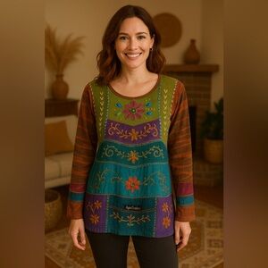 Agan Traders Boho Patchwork Embroidered Floral Top M Hippie Festival Tunic Shirt